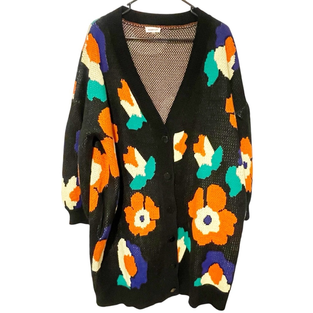 Sugar + Lips Medium Black Multi Color Flower Knit Button‎ Front Long Cardigan